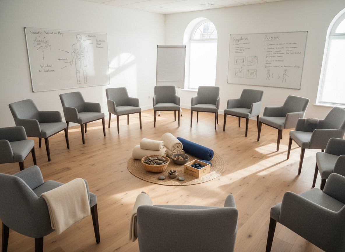 An inviting training room set up for a somatic psychotherapy workshop, completely empty of people. Padded chairs form a loose circle around a central arrangement of grounding objects: folded blankets, yoga bolsters, a basket of smooth stones, and a small wooden box labeled “Resources.” Along the walls, large whiteboards show hand-drawn body diagrams and regulation exercises. Natural afternoon light pours in through high windows, creating a warm, balanced illumination with soft shadows under the chairs. Photographic realism at a wide angle captures the entire room, emphasizing open space and clear pathways. The mood is calm, organized, and professional, communicating readiness for experiential learning in a safe, embodied environment.