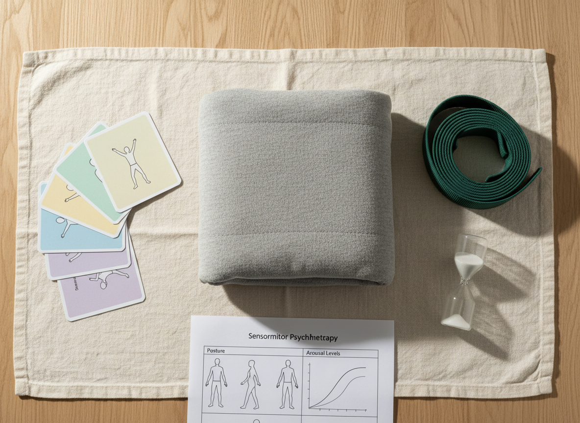A detailed close-up of somatic therapy tools arranged on a neutral linen cloth atop a light oak table: a weighted lap pad with soft gray fabric, a coiled textured therapy band, a small hourglass timer, and a set of colored cards illustrating body-based regulation techniques. Nearby lies a printed Sensorimotor Psychotherapy worksheet with tidy diagrams of posture and arousal levels. Soft studio lighting from the side creates subtle shadows and gentle highlights on each object’s surface, emphasizing textures and materials. Photographic realism with a centered, overhead composition and sharp focus throughout, conveying a precise, evidence-based, and tactile approach to psychotherapy training and practice.