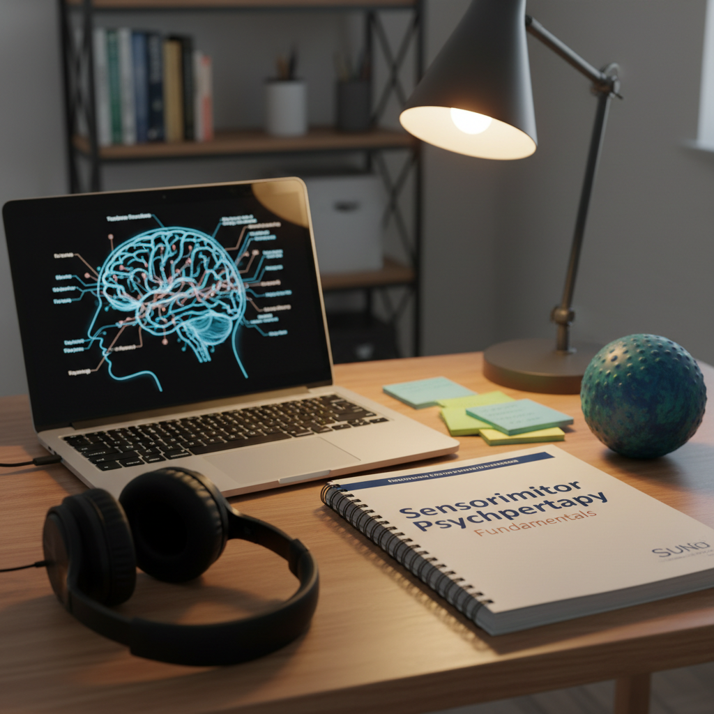 A close-up of a therapist’s workstation with no people present: a sleek wooden desk holds a laptop displaying a neuroscience brain diagram, a spiral-bound training manual labeled “Sensorimotor Psychotherapy Fundamentals,” color-coded sticky notes, and a pair of noise-canceling headphones resting neatly to one side. A small tactile object, like a textured stress ball, sits beside the manual. The space is lit by soft, indirect daylight from an unseen window and a warm desk lamp, creating gentle highlights on the laptop and manual. Shot from a slightly elevated angle in photographic realism, with shallow depth of field that keeps the manual and tactile object in sharp focus while the background office shelves blur, suggesting focused online learning and professional development.