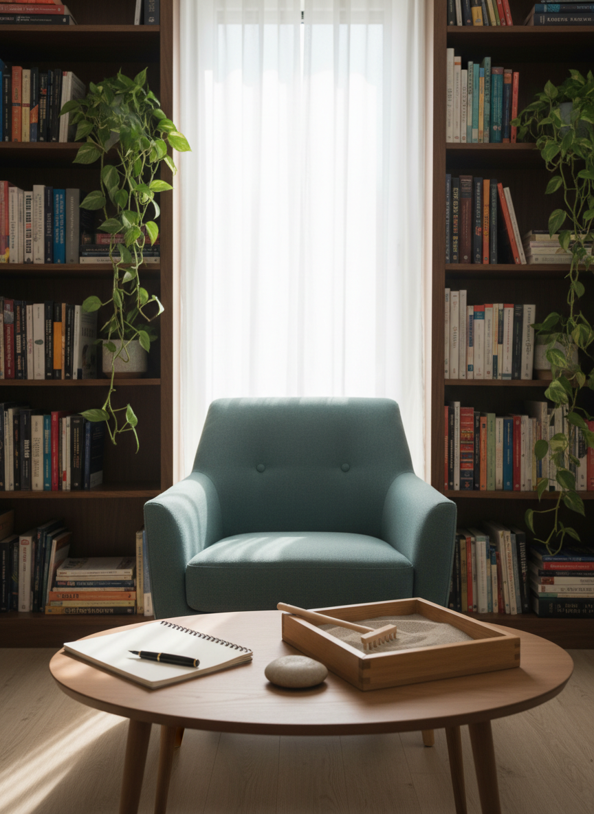A neatly arranged therapy consultation space without any people, featuring a modern upholstered armchair facing a low wooden coffee table. On the table rests an open notebook, a weighted sand tray, and a smooth river stone, symbolizing grounding. Behind, tall bookshelves display neatly organized psychology and neuroscience books alongside a few green plants. Soft morning daylight filters through a large window with sheer white curtains, casting diffused light and gentle shadows across the room. Photographic realism with a calm, professional atmosphere, composed at eye level with moderate depth of field so the foreground objects are in sharp focus and the background slightly softened, conveying a sense of safety, clarity, and evidence-based practice.